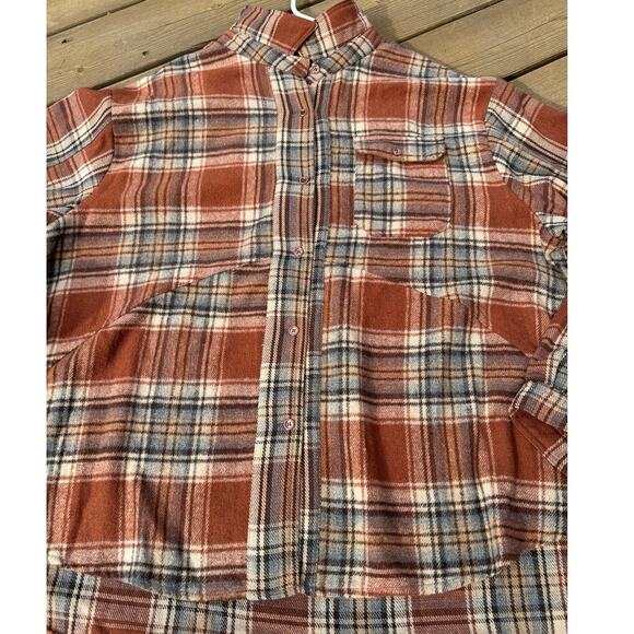 Umgee 1XL Burnt Orange Rust Plaid Hi-Lo Loose Fit Flannel Button Down Shacket - Picture 6 of 12
